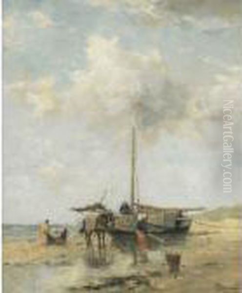 Shellfishers At Low Tide Oil Painting by Johan Frederik Corn. Scherrewitz