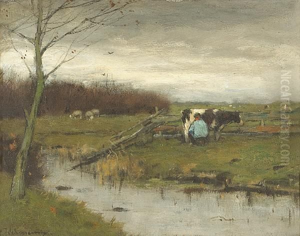 A River Landscape With A Figure Milking A Cow Oil Painting by Johan Frederik Corn. Scherrewitz