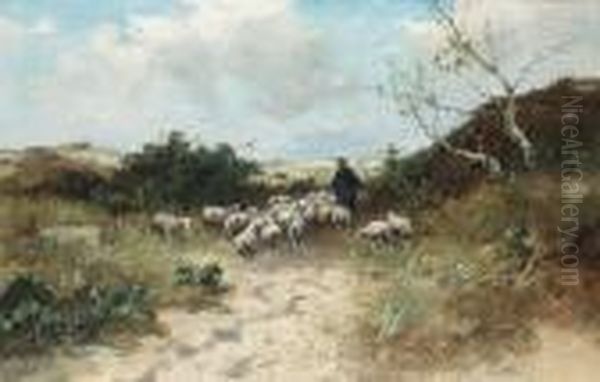 Shepherd And Sheep On A Country Path Oil Painting by Johan Frederik Corn. Scherrewitz