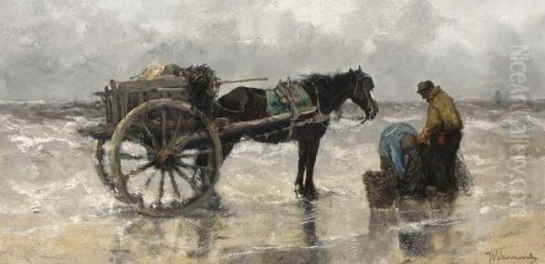 Shell Fishers On The Beach Oil Painting by Johan Frederik Corn. Scherrewitz