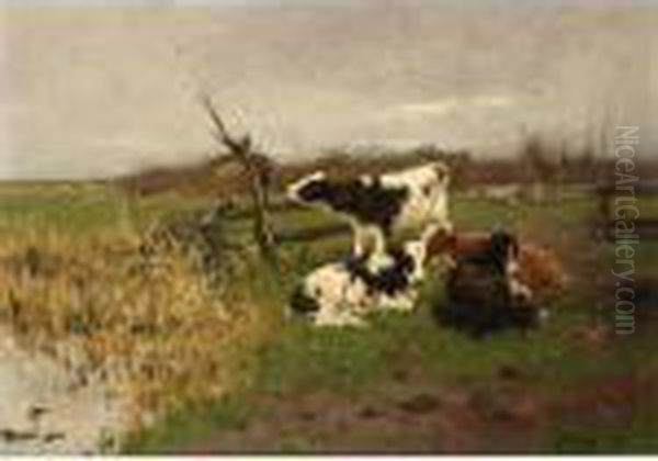 Calfs In A Landscape Oil Painting by Johan Frederik Corn. Scherrewitz