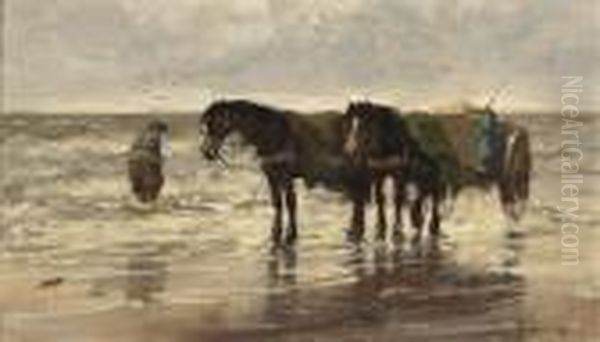 Shell Fisher On Noordwijk Beach Oil Painting by Johan Frederik Corn. Scherrewitz