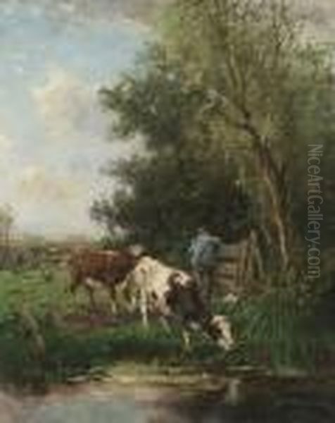 Cattle And Drover Beside A Stream Oil Painting by Johan Frederik Corn. Scherrewitz