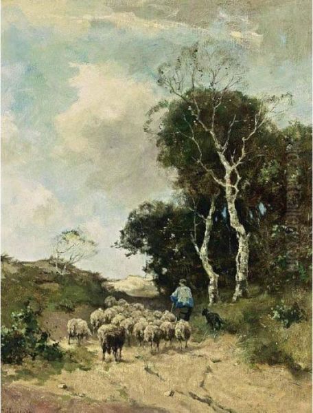 A Shepherd And His Flock In A Wooded Landscape Oil Painting by Johan Frederik Corn. Scherrewitz