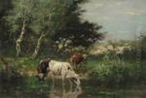 Cows Watering By A Pond In The Dunes by Johan Frederik Corn. Scherrewitz