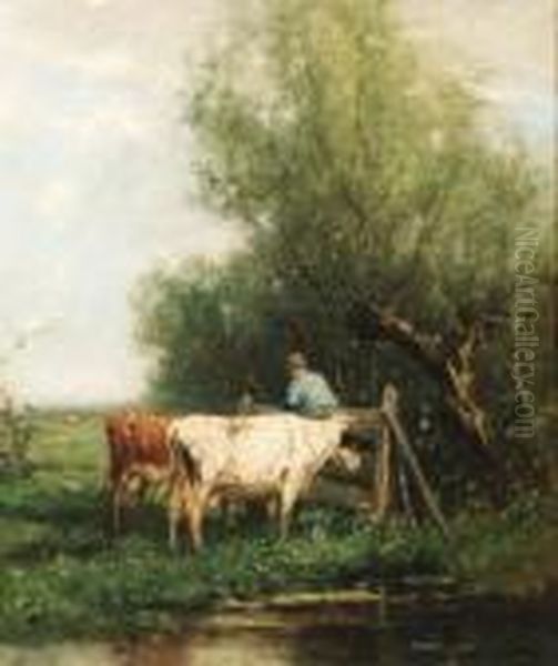 Cows On A Riverbank With A Peasant At A Gate by Johan Frederik Corn. Scherrewitz