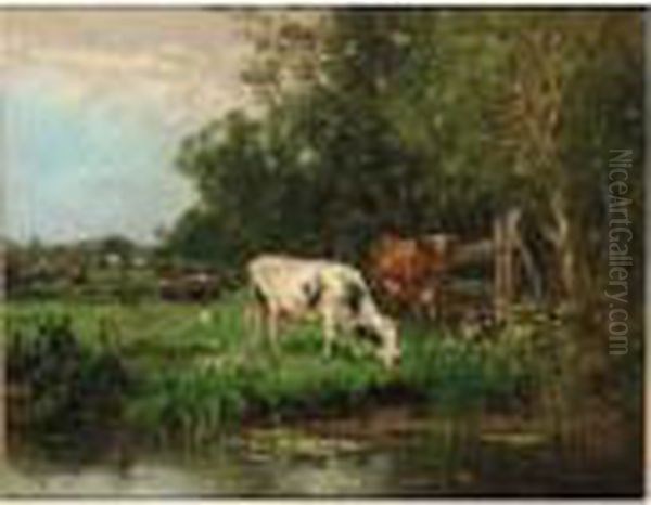 Cows Watering In A Meadow On The Edge Of A Forest by Johan Frederik Corn. Scherrewitz