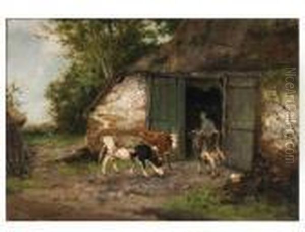 Farmer And Cattle By A Stable by Johan Frederik Corn. Scherrewitz