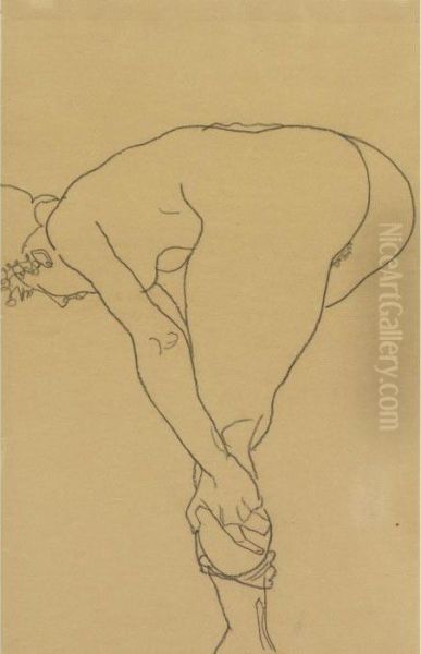 Stehender Weiblicher Akt, Strumpf Ausziehend Oil Painting by Egon Schiele