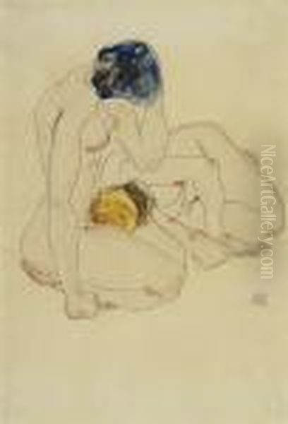 Zwei Freundinnen (two Friends) Oil Painting by Egon Schiele