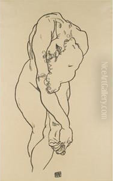 Kauernder Akt Mit Herabgebeugtem Kopf Oil Painting by Egon Schiele