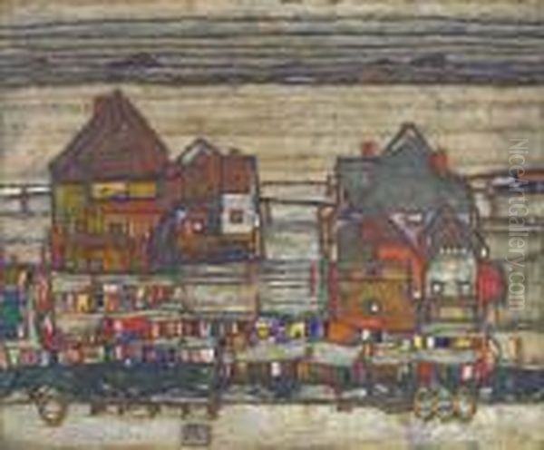 Hauser Mit Bunter Wasche (vorstadt Ii) Oil Painting by Egon Schiele