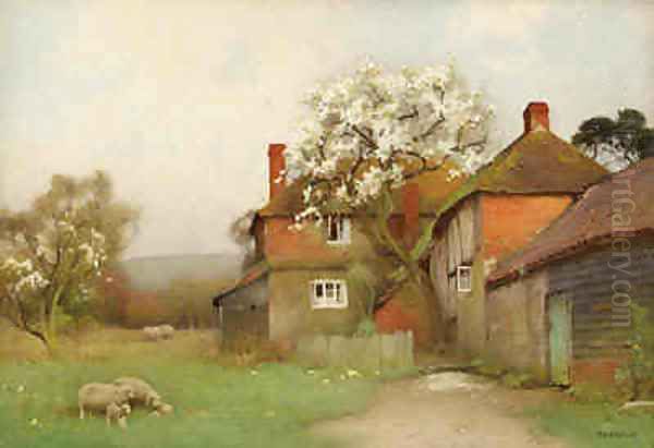 Sheep Grazing by a Cottage Oil Painting by Benjamin D. Sigmund