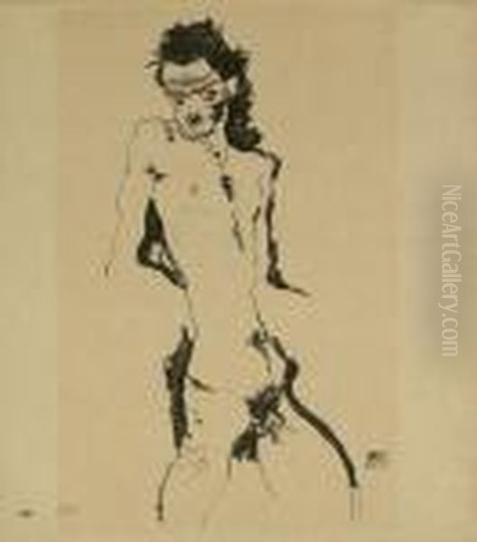 Mannlicher Akt (selbstbildnis) I Oil Painting by Egon Schiele