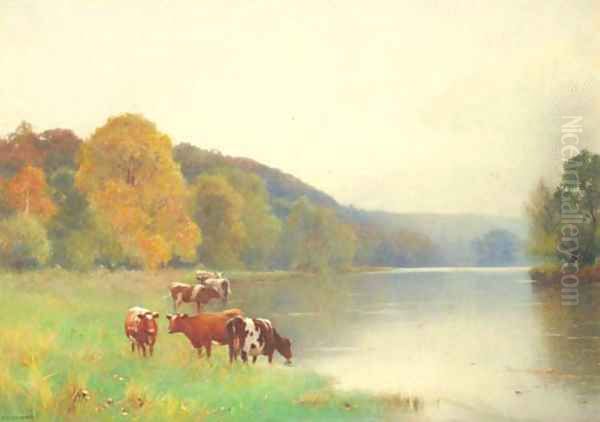 Cattle watering at the edge of a lake Oil Painting by Benjamin D. Sigmund