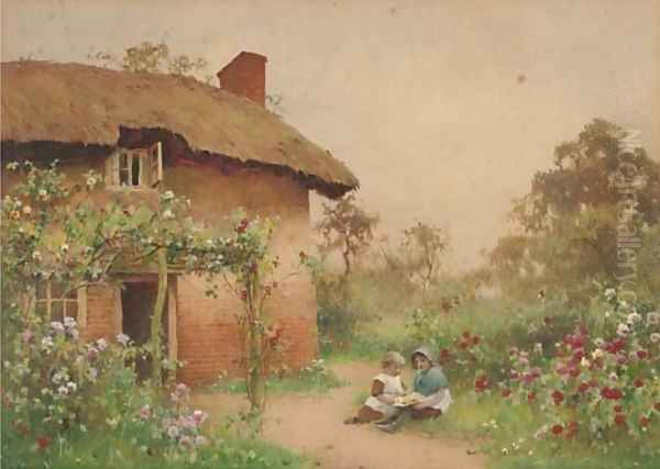 Children playing before a cottage Oil Painting by Benjamin D. Sigmund