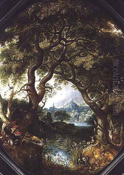 A Wooded Landscape with Hunters by a Stream Oil Painting by Jacob I Savery