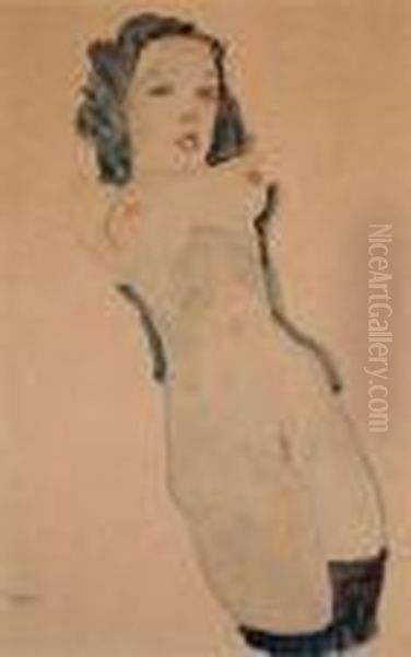 Liegender Akt Mit Schwarzen Strumpfen Oil Painting by Egon Schiele