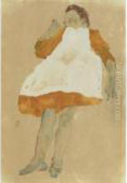 Kind In Orangefarbenem Kleid Mit Weisser Schurze Oil Painting by Egon Schiele