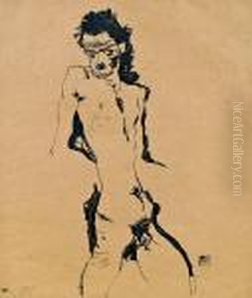 Mannlicher Akt (selbstbildnis) I Oil Painting by Egon Schiele