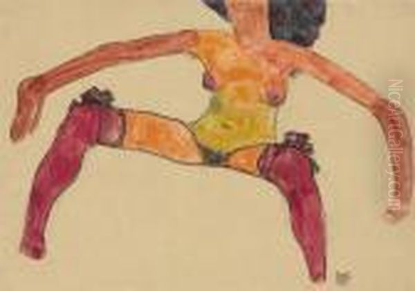 Sitzender Akt Mit Roten Strumpfen Oil Painting by Egon Schiele