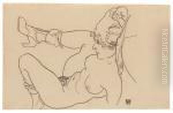 Liegender Akt Mit Angezogenem Rechten Bein Oil Painting by Egon Schiele