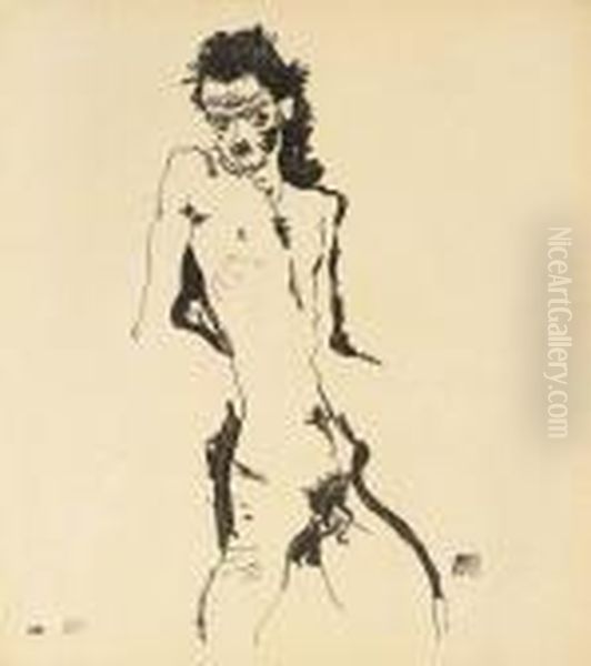 Mannlicher Akt (selbstbildnis) I Oil Painting by Egon Schiele