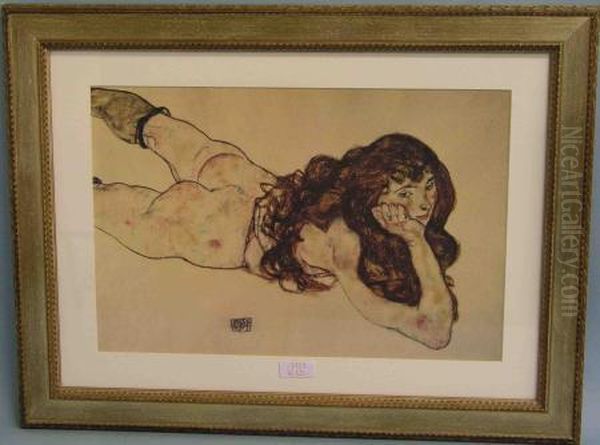 Auf Dem Bauch Liegender Weiblicher Akt Oil Painting by Egon Schiele