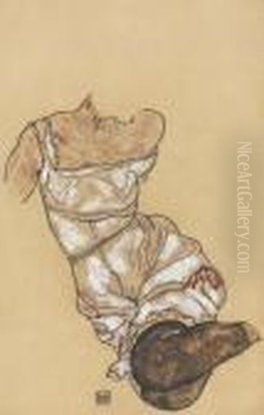 Weiblicher Torso In Unterwasche Und Schwarzen Strumpfen Oil Painting by Egon Schiele