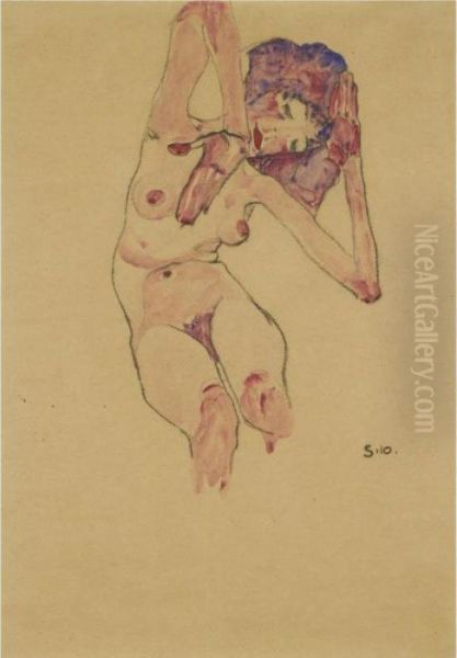 Sitzender Frauenakt Mit 
Geneigtem Kopf Und Erhobenen Armen (seated Female Nude With Tilted Head 
And Raised Arms) Oil Painting by Egon Schiele