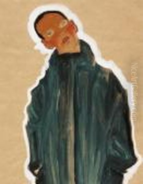 Junge Im Grunen Mantel (boy In Green Coat) Oil Painting by Egon Schiele