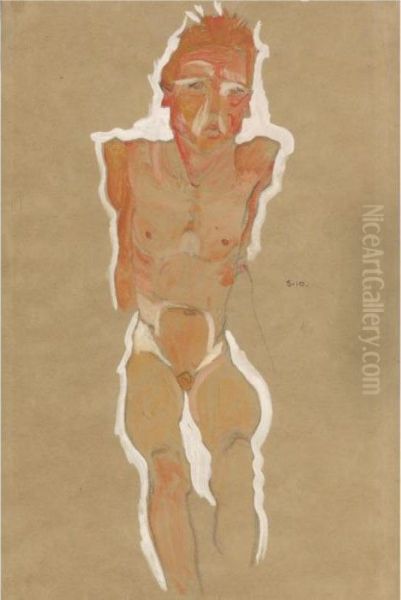 Mannlicher Akt Mit Verkurzten Armen (male Nude With Truncatedarms) Oil Painting by Egon Schiele