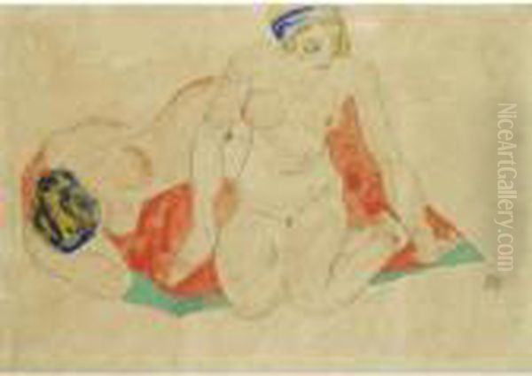 Liegende Und Sitzende Weibliche 
Akte Auf Rot-grunem Tuch (recliningand Seated Female Nudes On A Red And 
Green Cloth) Oil Painting by Egon Schiele