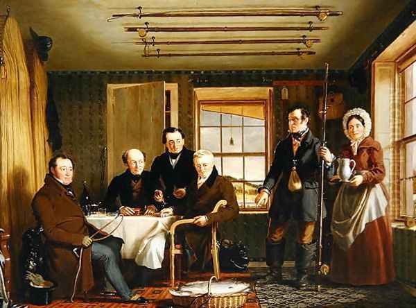 Discussing a Catch of Salmon in a Scottish Fishing-Lodge, c.1840 Oil Painting by William Shiels