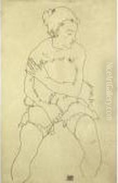 Sitzender Weiblicher Akt (seated Female Nude) Oil Painting by Egon Schiele