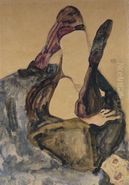 Frau Mit Erhobenem Bein Und Lila Strumpfen Oil Painting by Egon Schiele