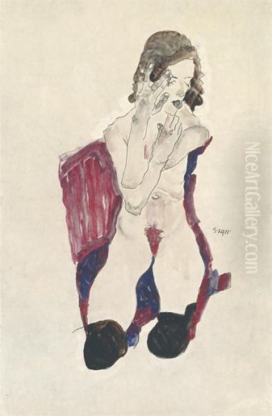 Sitzendes Madchen Mit Schwarzen Strumpfen Und Vorgehaltenenhanden Oil Painting by Egon Schiele