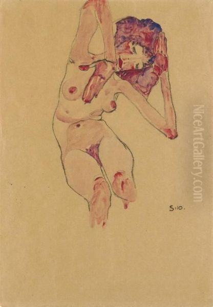 Sitzender Frauenakt Mit Geneigtem Kopf Und Erhobenen Armen Oil Painting by Egon Schiele