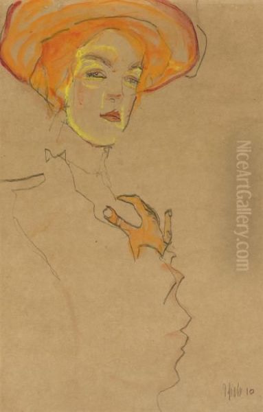 Bildnis Einer Dame Mit Orangefarbenem Hut Oil Painting by Egon Schiele