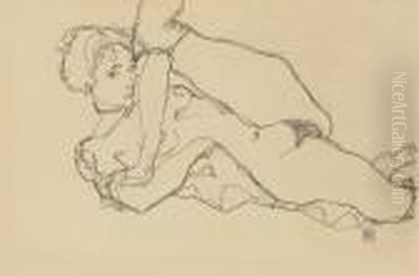 Liegender Akt Mit Angezogenem Linken Bein Oil Painting by Egon Schiele