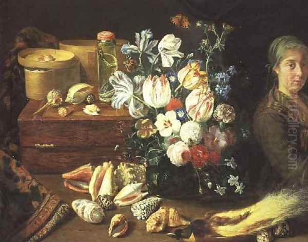 Still Life, flowers, shells, snakes, bird and a standing woman Oil Painting by Pieter Snyers