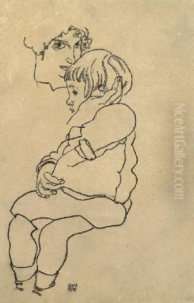 Schieles Schwester Gerti Mit 
Ihrem Sohn Anton (schiele's Sister Gertrude With Her Son Anton) Oil Painting by Egon Schiele