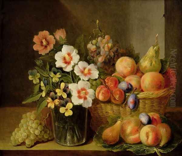 Still life of flowers in a vase and fruit in a basket Oil Painting by Pieter Snyers