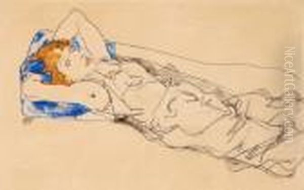 Auf Einem Blauen Polster Liegende Mit
 Goldblondem Haar (wally Neuzil) Oil Painting by Egon Schiele