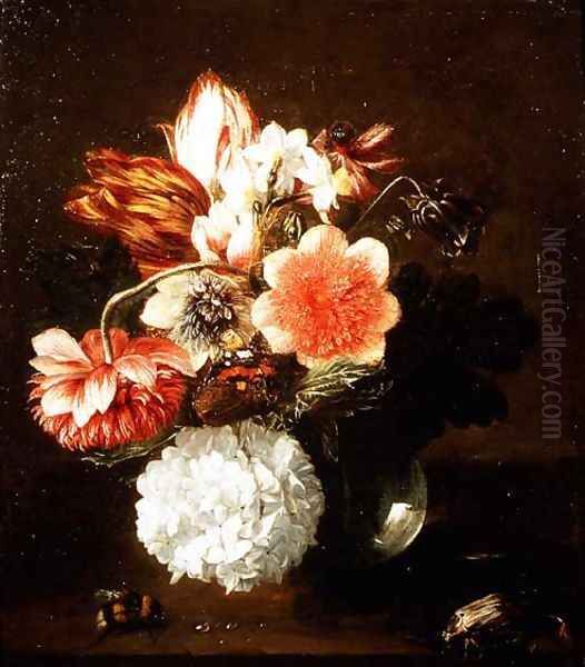 Glass Vase of Flowers with a Butterfly and a Bumble Bee Oil Painting by Pieter Snyers