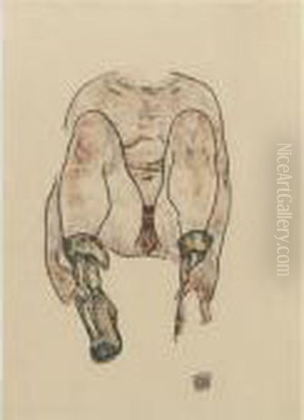 Sitzender Weiblicher Akt Mit 
Grunen Stiefeln (torso) (seated Female Nude With Green Boots (torso)) Oil Painting by Egon Schiele