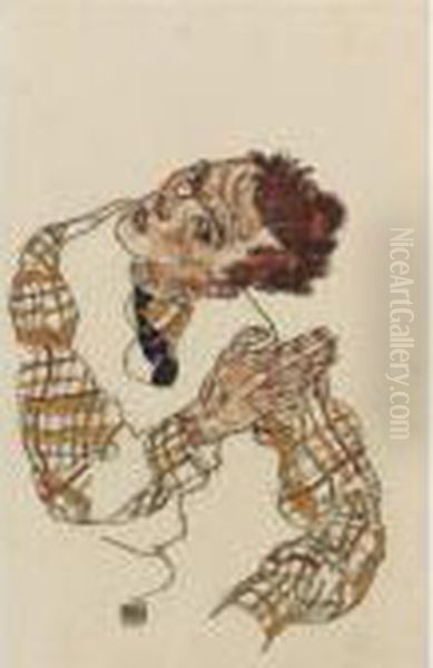 Selbstbildnis Mit Kariertem Hemd ( Self-portrait With Checkered Shirt ) Oil Painting by Egon Schiele