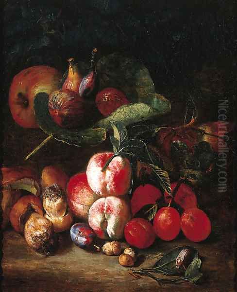 Peaches, plums, medlar, figs on a vine, an apple, mushrooms and a beetle on a forest floor Oil Painting by Pieter Snyers