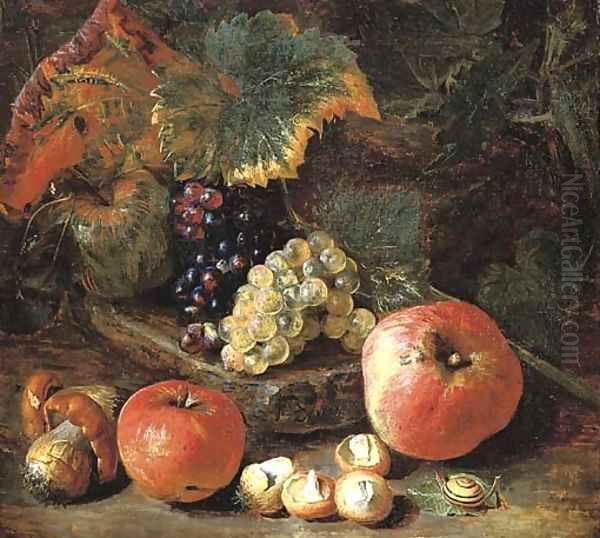 Grapes and vine leaves on a stone ledge with apples, mushrooms and a snail Oil Painting by Pieter Snyers