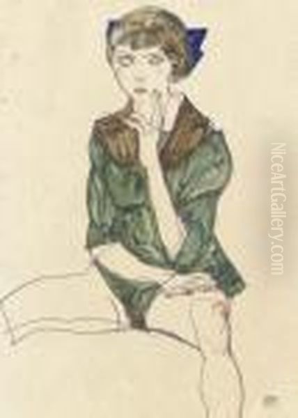 Sitzender Weiblicher Halbakt In Gruner Bluse Oil Painting by Egon Schiele